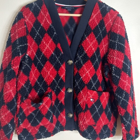 Tommy Hilfiger Fluffy Blue and Red Argyle Button Front Jacket Size large - Picture 4 of 10